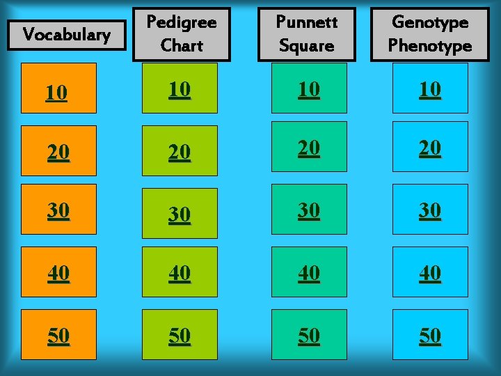Pedigree Chart Punnett Square Genotype Phenotype 10 10 20 20 30 30 40 40
