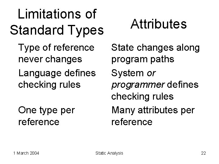 Limitations of Standard Types Type of reference never changes Language defines checking rules One