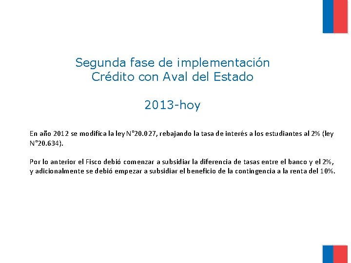 Segunda fase de implementación Crédito con Aval del Estado 2013 -hoy En año 2012