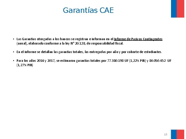 Garantías CAE • Las Garantías otorgadas a los bancos se registran e informan en