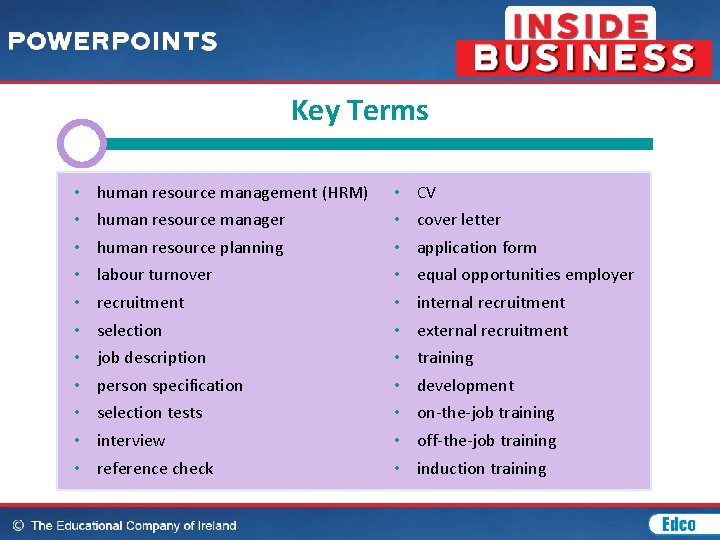 Key Terms • • • human resource management (HRM) human resource manager human resource