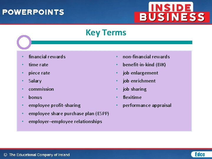 Key Terms • • • financial rewards time rate piece rate Salary commission bonus