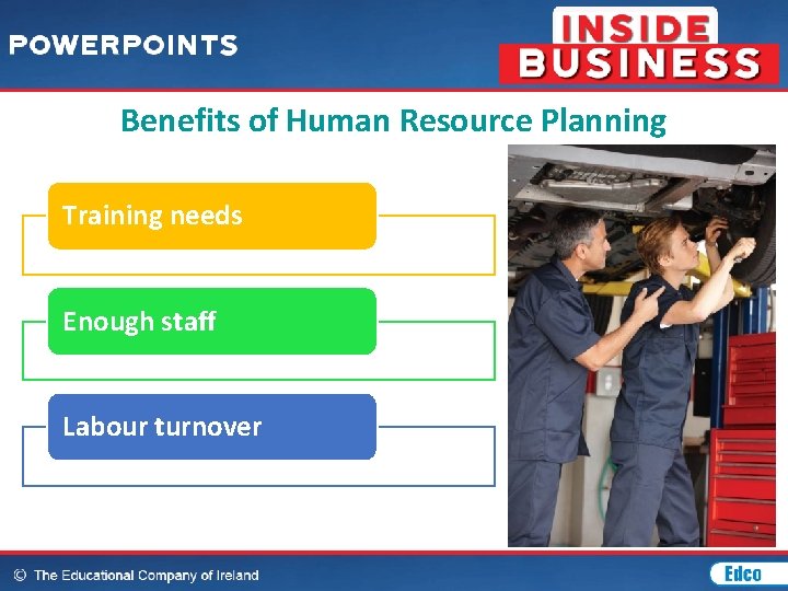 Benefits of Human Resource Planning Training needs Enough staff Labour turnover 