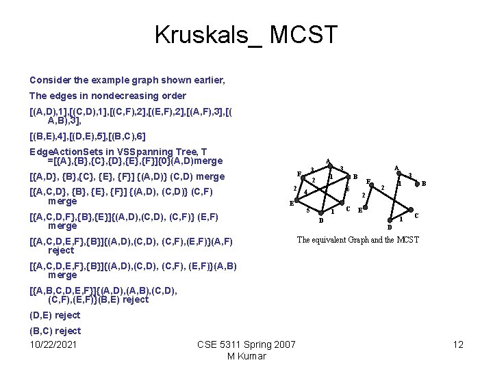 Kruskals_ MCST Consider the example graph shown earlier, The edges in nondecreasing order [(A,