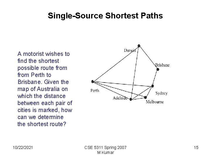 Single-Source Shortest Paths A motorist wishes to find the shortest possible route from Perth