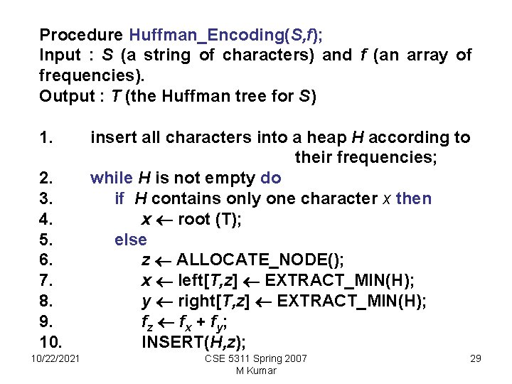 Procedure Huffman_Encoding(S, f); Input : S (a string of characters) and f (an array