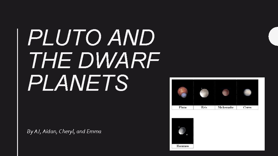 PLUTO AND THE DWARF PLANETS By AJ, Aidan, Cheryl, and Emma 