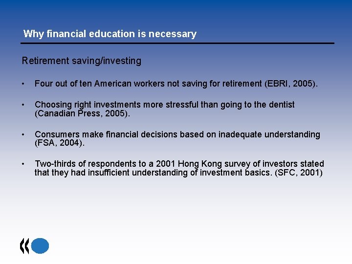 Why financial education is necessary Retirement saving/investing • Four out of ten American workers