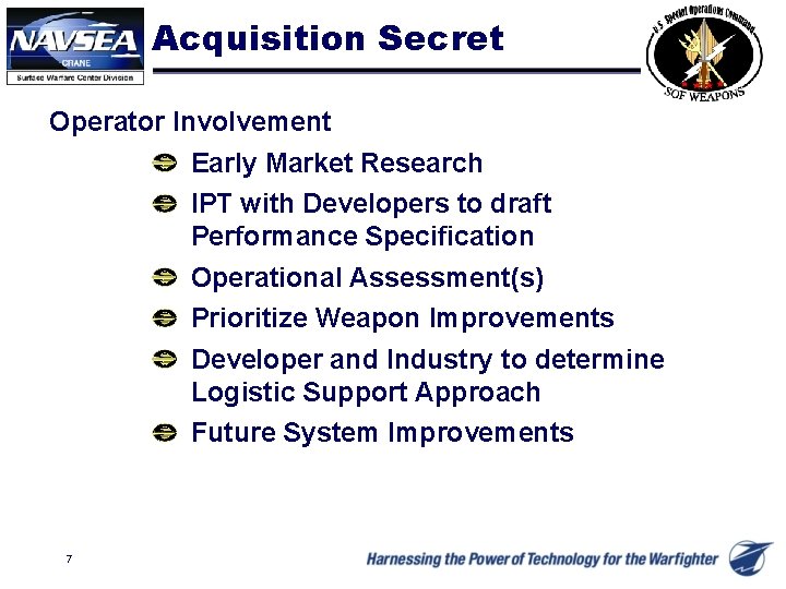 Acquisition Secret Operator Involvement Early Market Research IPT with Developers to draft Performance Specification