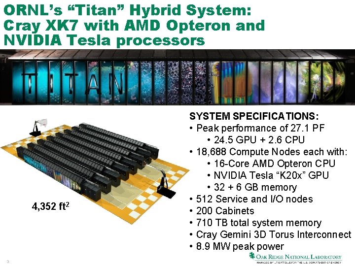 ORNL’s “Titan” Hybrid System: Cray XK 7 with AMD Opteron and NVIDIA Tesla processors ORNL’s “Titan” Hybrid System: Cray XK 7 with AMD Opteron and NVIDIA Tesla processors