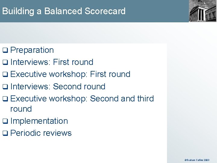 Building a Balanced Scorecard q Preparation q Interviews: First round q Executive workshop: First