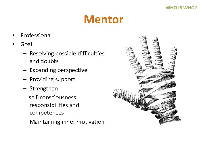 WHO IS WHO? Mentor • Professional • Goal: – Resolving possible difficulties and doubts