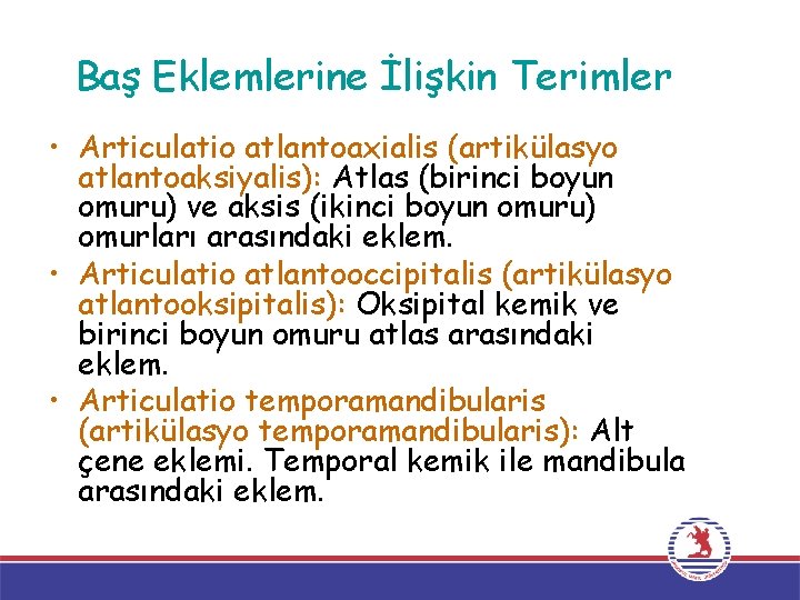 Baş Eklemlerine İlişkin Terimler • Articulatio atlantoaxialis (artikülasyo atlantoaksiyalis): Atlas (birinci boyun omuru) ve