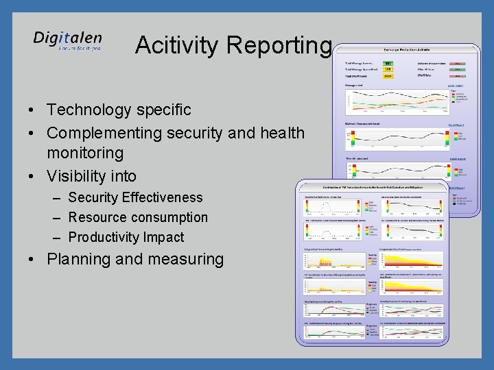 Acitivity Reporting • Technology specific • Complementing security and health monitoring • Visibility into