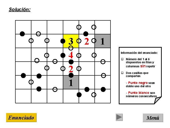 Solución: 3 4 2 1 Información del enunciado: q Número del 1 al 6