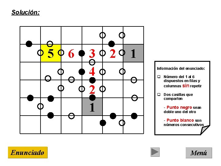 Solución: 5 6 3 4 2 1 Información del enunciado: q Número del 1