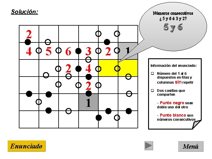 Solución: 2 4 Números consecutivos ¿ 5 y 6 ó 3 y 2? 5