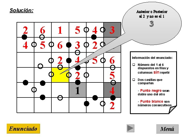 Solución: 2 4 Enunciado Anterior o Posterior al 2 y no es el 1