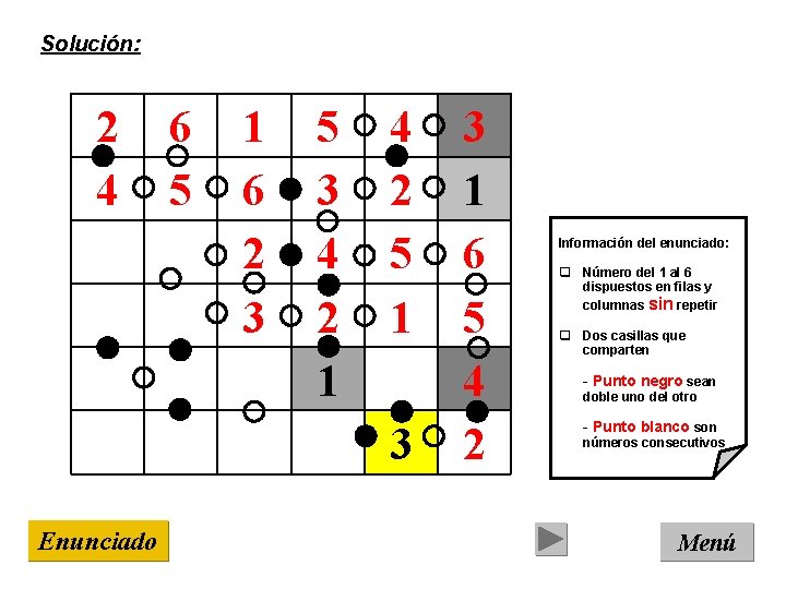 Solución: 2 4 6 5 1 6 2 3 5 3 4 2 1