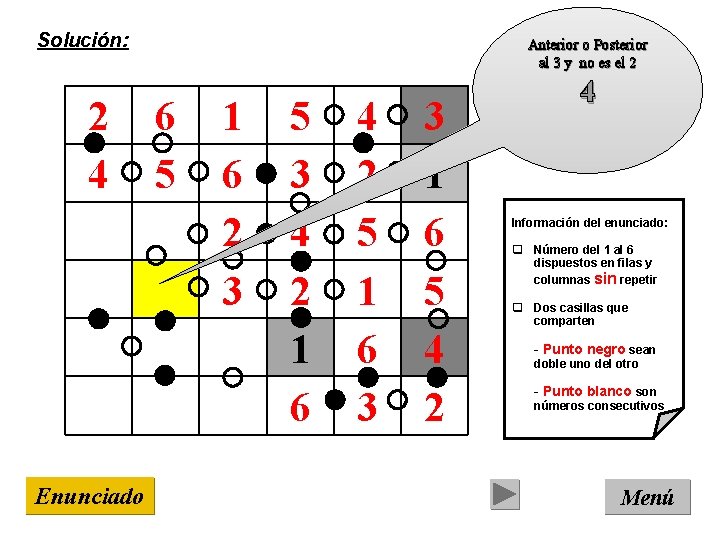 Solución: 2 4 Enunciado Anterior o Posterior al 3 y no es el 2