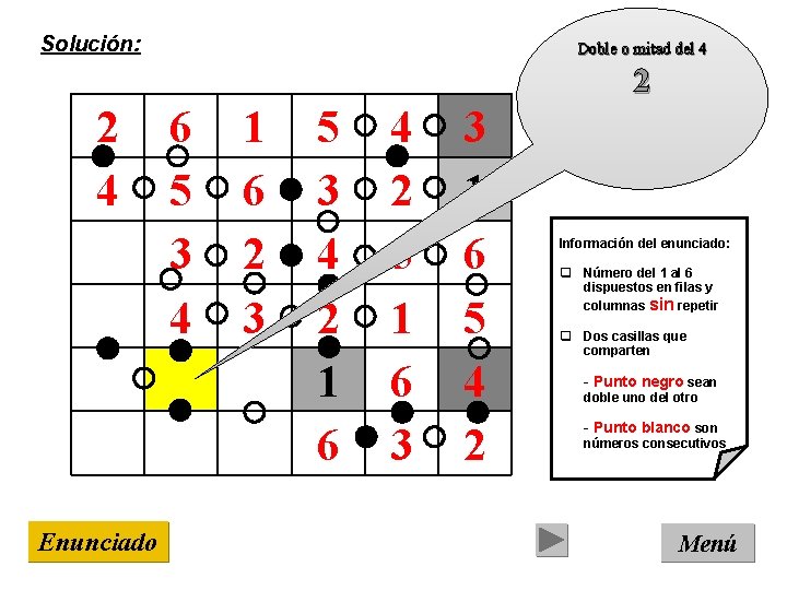 Solución: Doble o mitad del 4 2 2 4 Enunciado 6 5 3 4