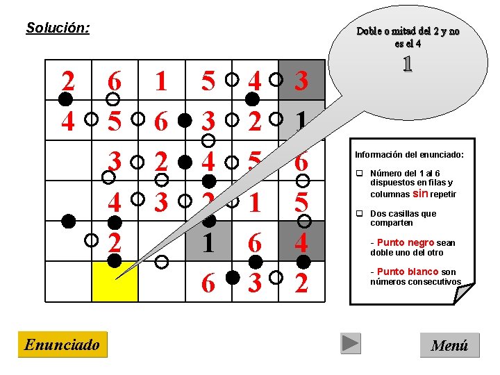 Solución: 2 4 Enunciado Doble o mitad del 2 y no es el 4