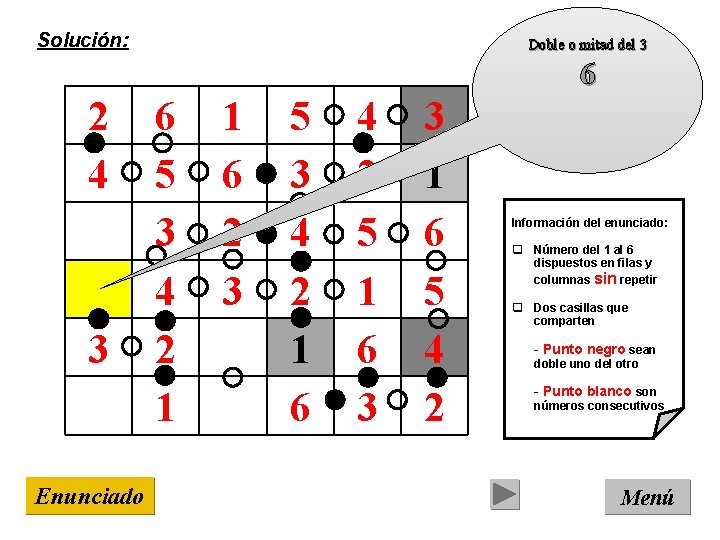 Solución: Doble o mitad del 3 6 2 4 3 Enunciado 6 5 3