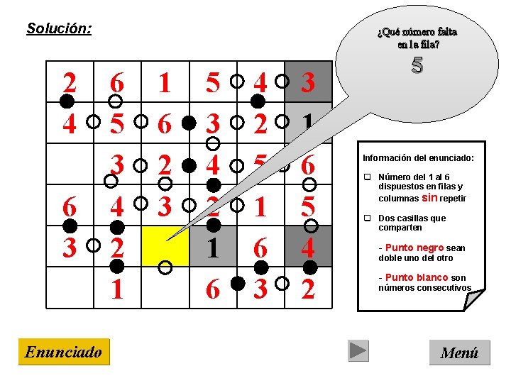 Solución: 2 4 6 3 Enunciado ¿Qué número falta en la fila? 6 5