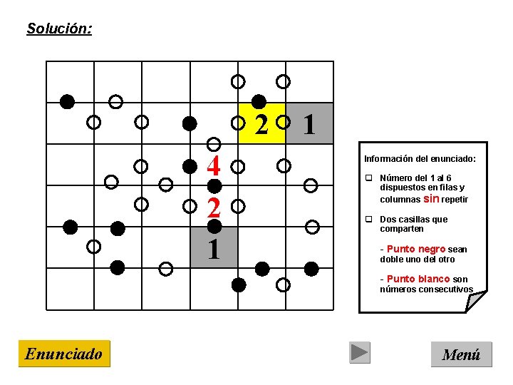 Solución: 2 4 2 1 1 Información del enunciado: q Número del 1 al