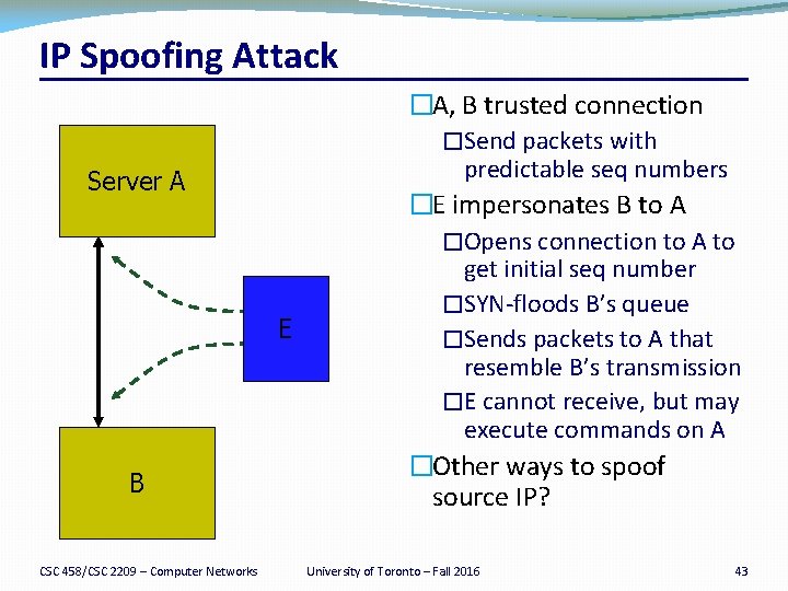 IP Spoofing Attack Server A E B CSC 458/CSC 2209 – Computer Networks �A,