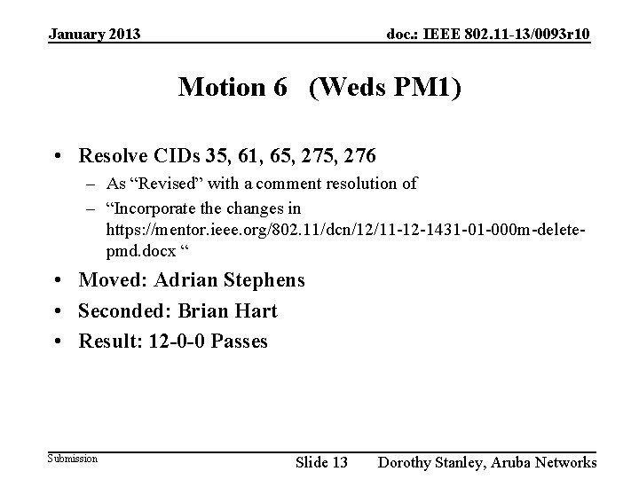 January 2013 doc. : IEEE 802. 11 -13/0093 r 10 Motion 6 (Weds PM