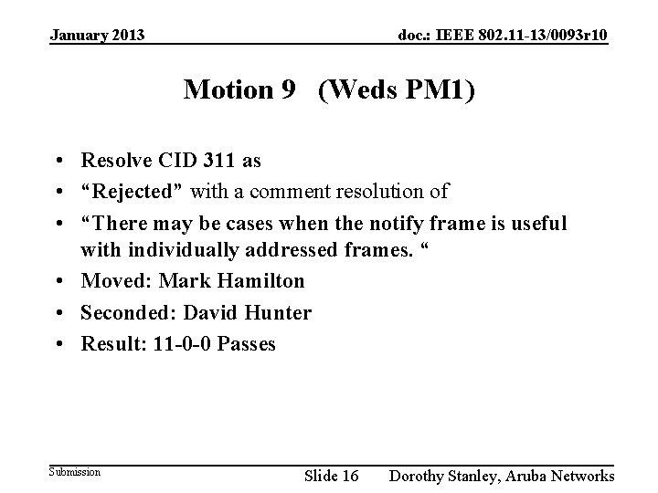 January 2013 doc. : IEEE 802. 11 -13/0093 r 10 Motion 9 (Weds PM