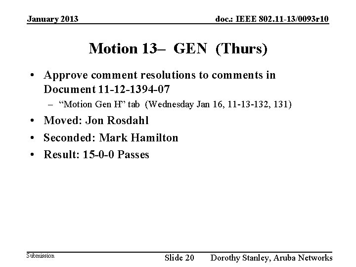 January 2013 doc. : IEEE 802. 11 -13/0093 r 10 Motion 13– GEN (Thurs)