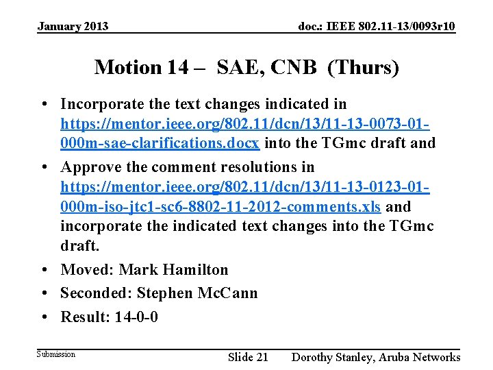 January 2013 doc. : IEEE 802. 11 -13/0093 r 10 Motion 14 – SAE,