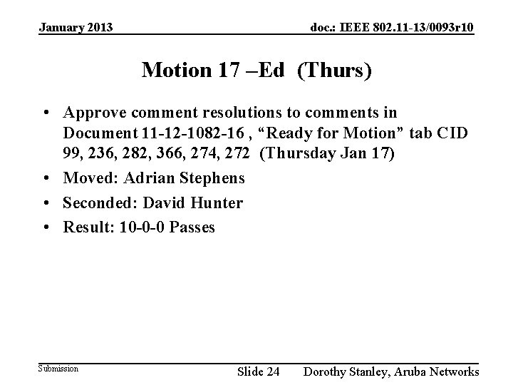 January 2013 doc. : IEEE 802. 11 -13/0093 r 10 Motion 17 –Ed (Thurs)