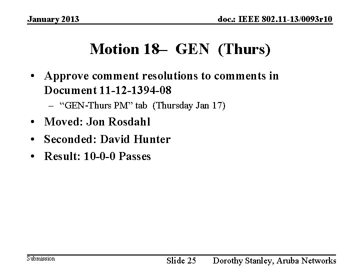 January 2013 doc. : IEEE 802. 11 -13/0093 r 10 Motion 18– GEN (Thurs)