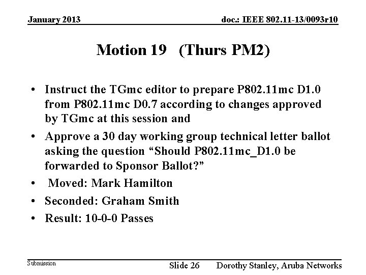 January 2013 doc. : IEEE 802. 11 -13/0093 r 10 Motion 19 (Thurs PM