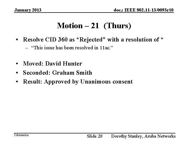 January 2013 doc. : IEEE 802. 11 -13/0093 r 10 Motion – 21 (Thurs)