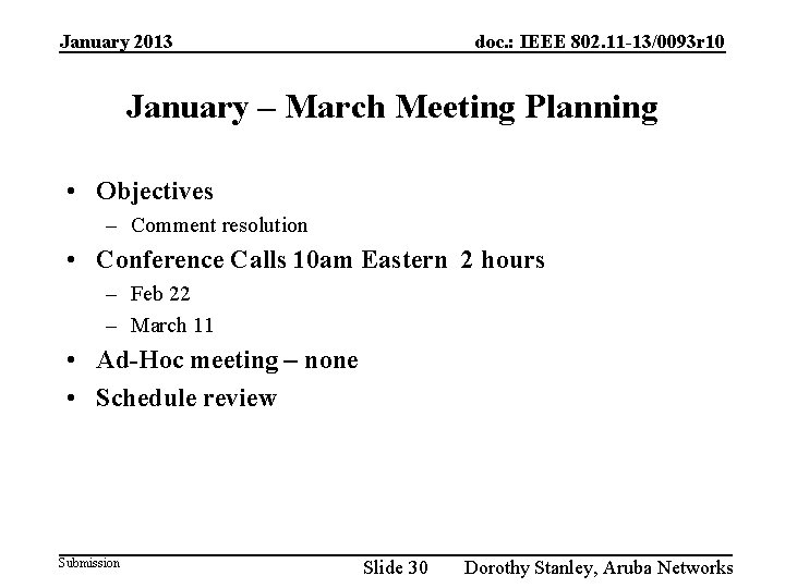 January 2013 doc. : IEEE 802. 11 -13/0093 r 10 January – March Meeting