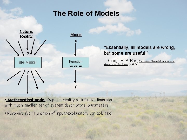 The Role of Models Nature, Reality Model x “Essentially, all models are wrong, but