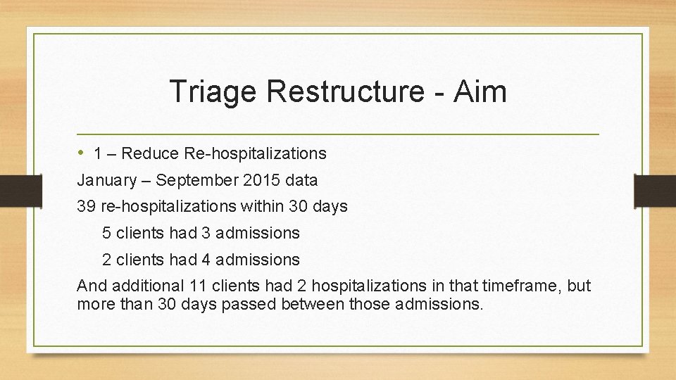 Triage Restructure - Aim • 1 – Reduce Re-hospitalizations January – September 2015 data