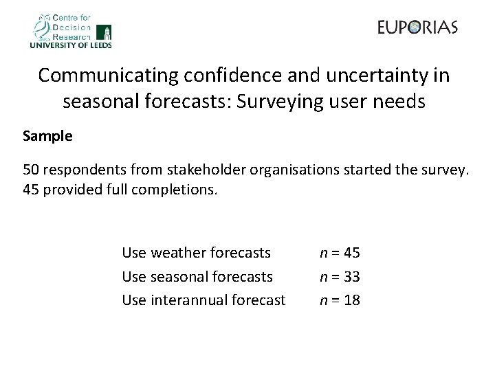 Communicating confidence and uncertainty in seasonal forecasts: Surveying user needs Sample 50 respondents from