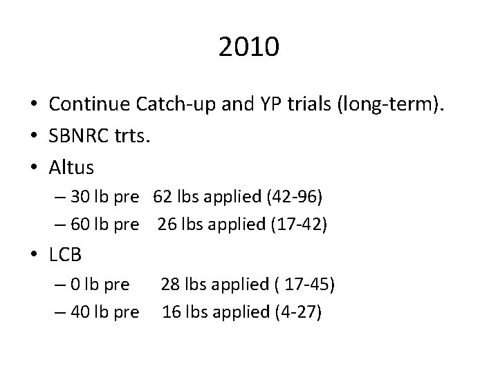 2010 • Continue Catch-up and YP trials (long-term). • SBNRC trts. • Altus – 2010 • Continue Catch-up and YP trials (long-term). • SBNRC trts. • Altus –