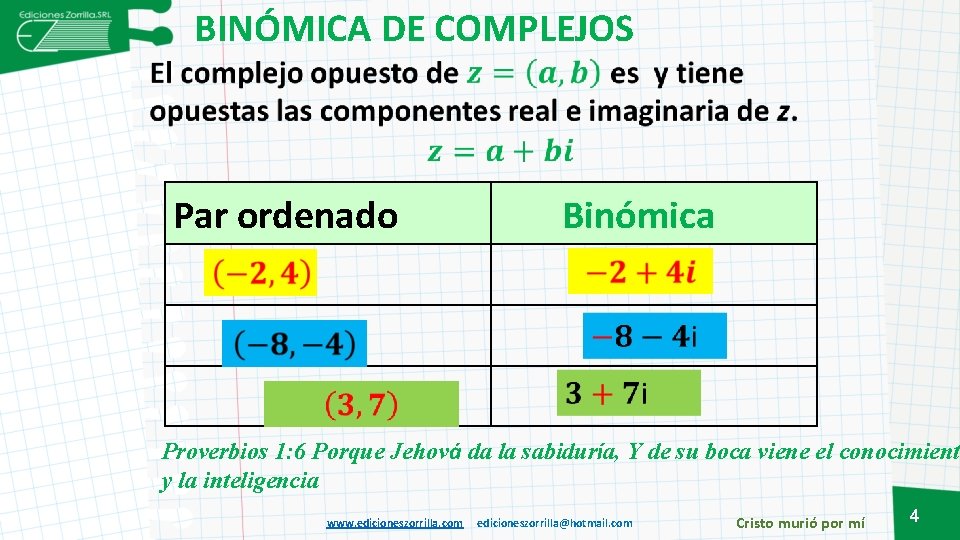 BINÓMICA DE COMPLEJOS Par ordenado Binómica Proverbios 1: 6 Porque Jehová da la sabiduría,