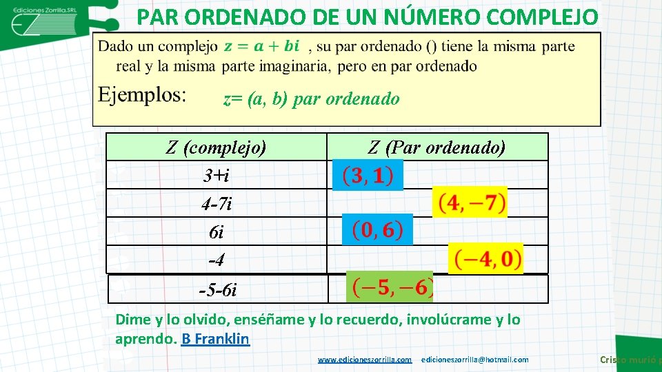 PAR ORDENADO DE UN NÚMERO COMPLEJO z= (a, b) par ordenado Z (complejo) 3+i