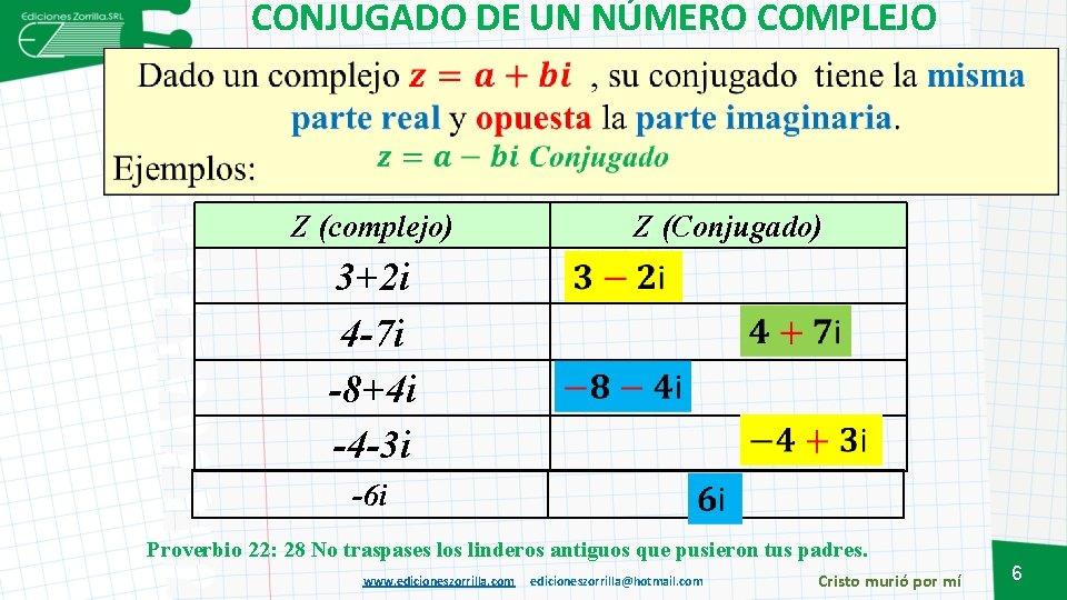 CONJUGADO DE UN NÚMERO COMPLEJO Z (complejo) Z (Conjugado) 3+2 i 4 -7 i