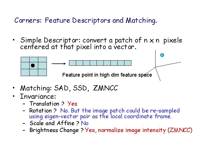 Corners: Feature Descriptors and Matching. • Simple Descriptor: convert a patch of n x