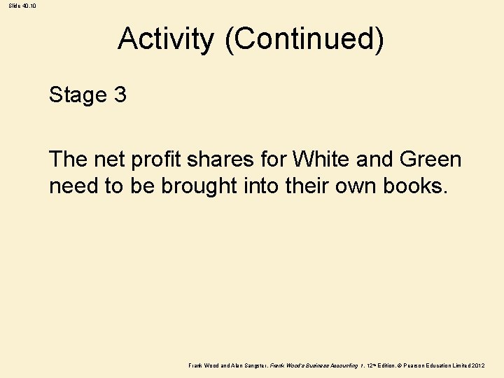 Slide 40. 10 Activity (Continued) Stage 3 The net profit shares for White and Slide 40. 10 Activity (Continued) Stage 3 The net profit shares for White and