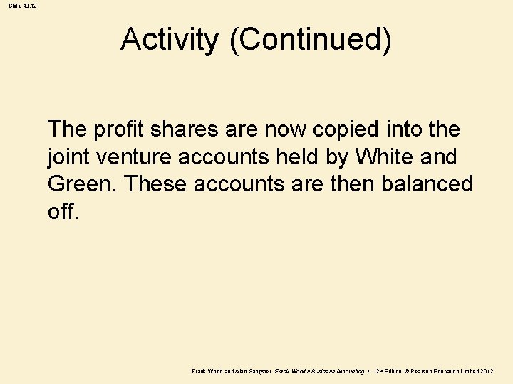 Slide 40. 12 Activity (Continued) The profit shares are now copied into the joint Slide 40. 12 Activity (Continued) The profit shares are now copied into the joint