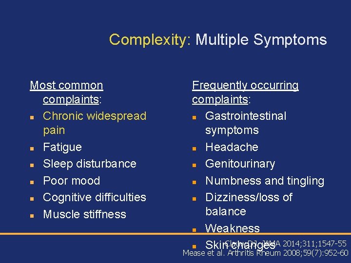 Complexity: Multiple Symptoms Most common complaints: n Chronic widespread pain n Fatigue n Sleep